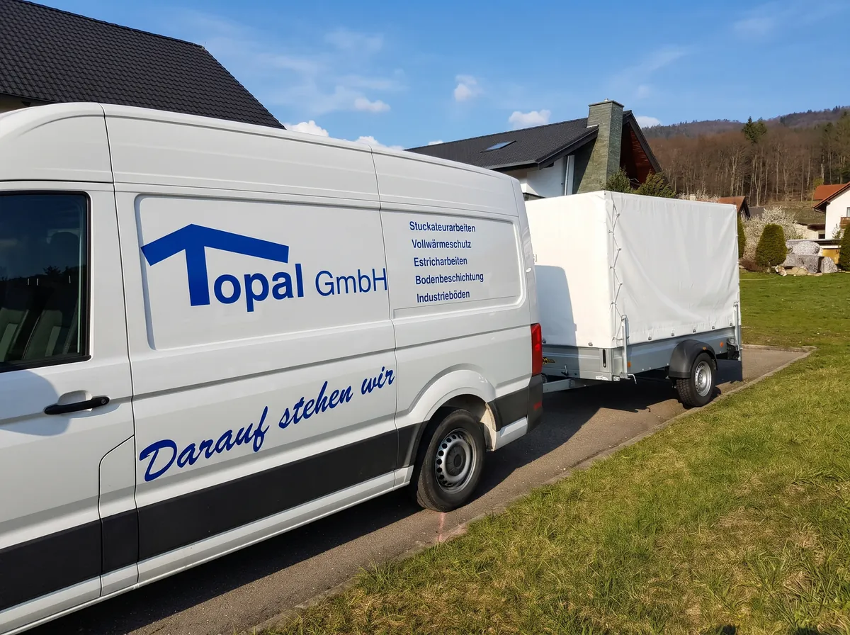 Firmenwagen der Topal GmbH mit Anhänger, beschriftet mit dem Satz Darauf stehen wir